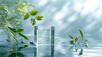  a glass filled with water sitting on top of a body of water next to a leafy plant in the middle of a body of water with green leaves floating on top of water.
