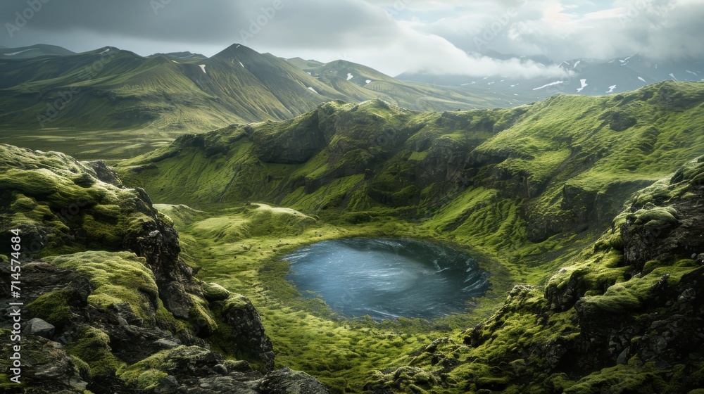Poster a 3d rendering of a mountain landscape with a lake in the middle of the valley and a mountain range 