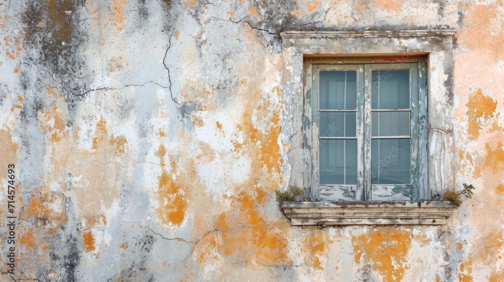 Poster a window on the side of a building with peeling paint and a window sill on the side of the building 