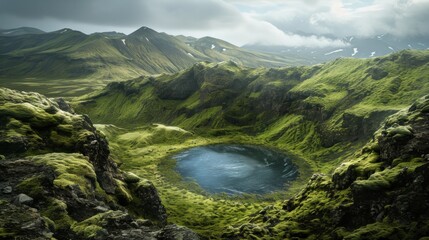  a 3d rendering of a mountain landscape with a lake in the middle of the valley and a mountain range in the distance with a cloudy sky above the mountain range.