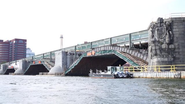 Old Longfellow bridge in Boston, USA. View from water