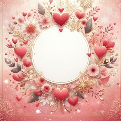 A cool postcard on a dark pink background with a central white circle for writing and a decorative frame in the form of gold ornaments, red hearts and confetti