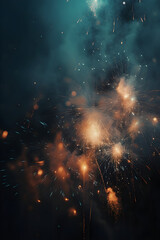 Fireworks against a darkly illuminated backdrop, in a light marine style featuring aquamarine, silver, and orange, light beige and indigo, a smoky background, light teal and gold.