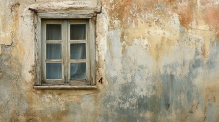  an old building with a window with a curtain on the window sill and a rusted wall with peeling paint and peeling paint on the side of the wall.