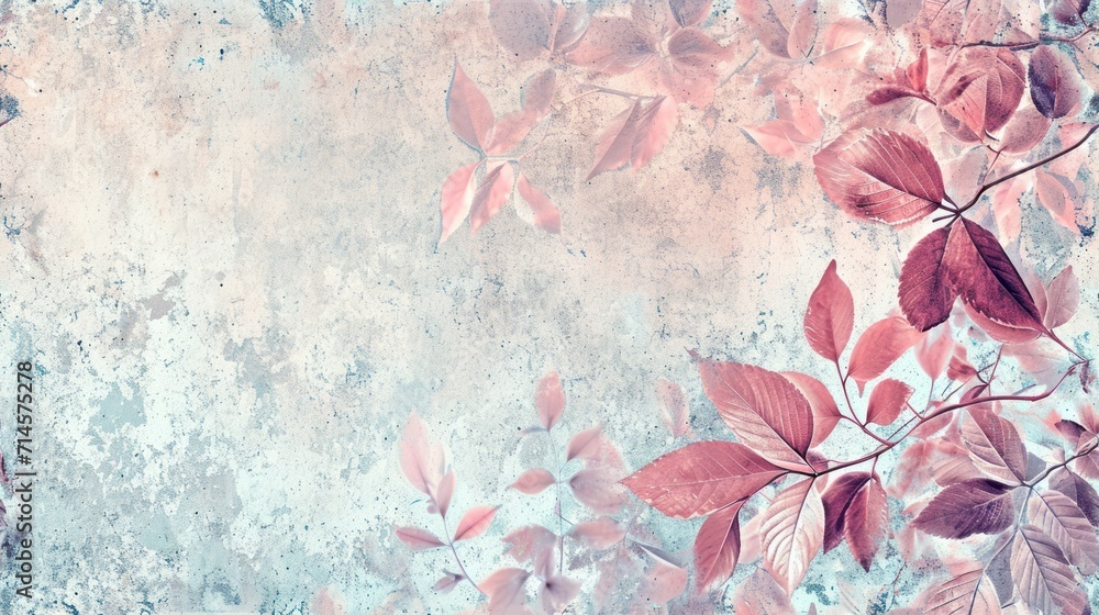 Poster a painting of leaves on a wall with a grungy look to the bottom of the picture and the bottom of the