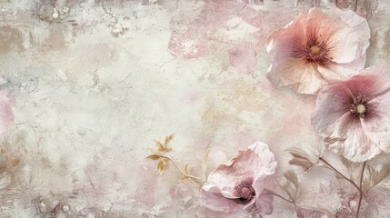  a painting of three pink flowers on a white and pink textured background with a gold colored center and two smaller pink flowers on the right side of the frame.
