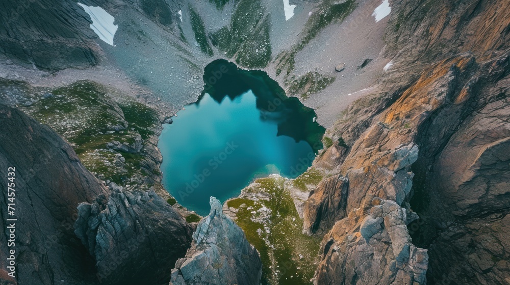 Poster an aerial view of a mountain lake surrounded by large rocks and a steep cliff with a blue pool of wa