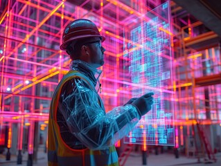Fototapeta premium The table at the center of the construction site is filled with engineering diagrams and documents laid out. Each engineer is pointing out and interpreting the content displayed on a large touchscreen
