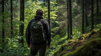 Fototapeta premium A man with a backpack hiking in the woods