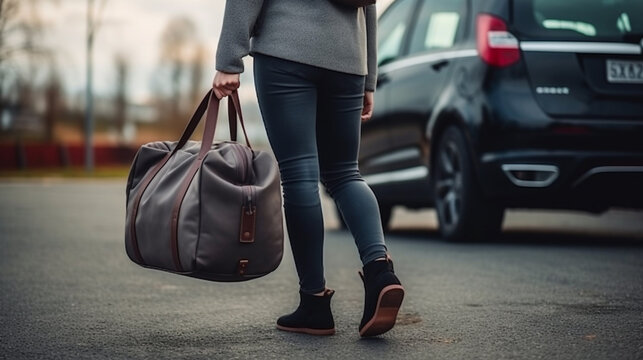 A girl with a sports bag goes to the car