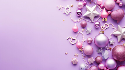Festive Christmas and New Year Flat Lay Composition with Sparkling Decorative Elements, Toys, and Purple Tones on a Lilac Background. Seasonal Joy and Copy Space for Promotional Content.