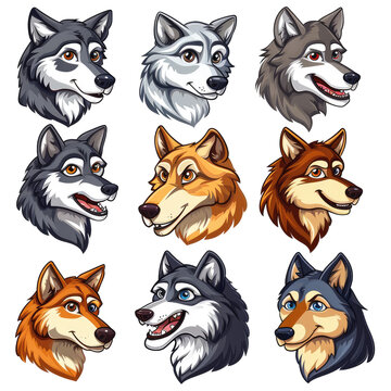 set of cartoon wolf heads on a transparent background, Ai Generated Images