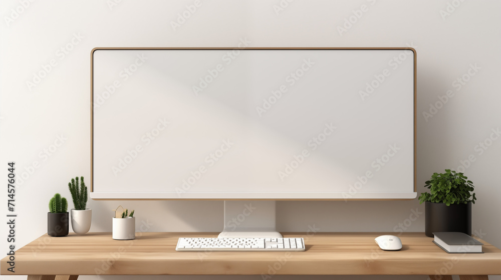 Poster a refined 3d render featuring a modern pc computer with a blank screen mockup, placed elegantly on a