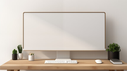 A refined 3D render featuring a modern PC computer with a blank screen mockup, placed elegantly on a sleek table within a modern minimal home office