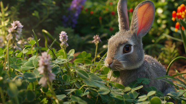  a close up of a rabbit in a field of grass and flowers with flowers in the background and a blurry image of a rabbit's face in the foreground.