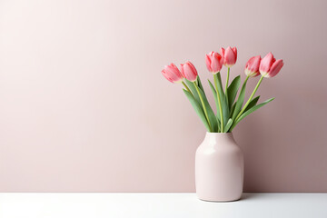 Elegant interior: glass vase with pink tulip bouquet on table. Stylish home decor. AI Generative.