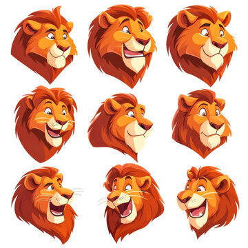 set of cartoon lion heads on a transparent background, Ai Generated Images