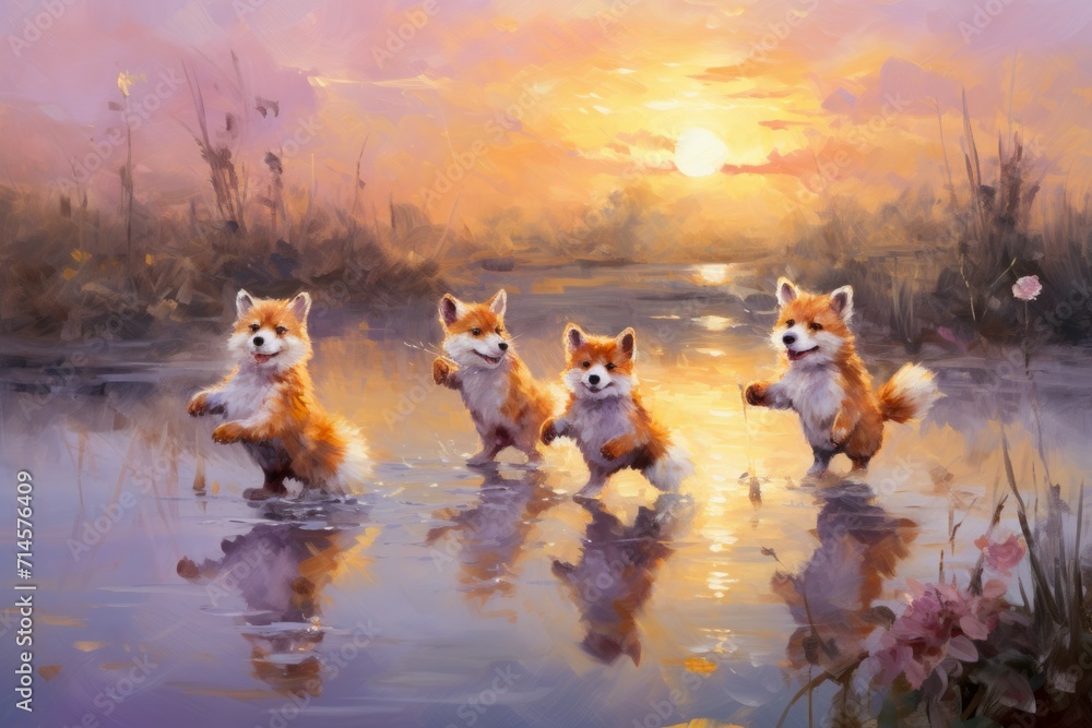 Canvas Prints Playful twilight foxes, dancing under the fading light of the setting sun - Generative AI