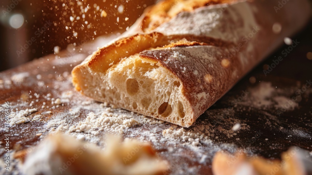 Poster a close up of a piece of bread on a table with flour sprinkled on top of it and on top of a cutting 