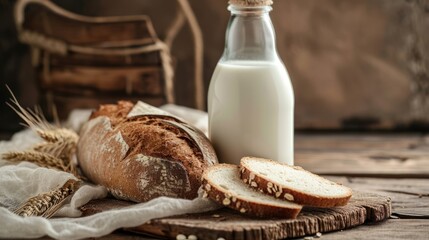 a bottle of milk, a loaf of bread, and a loaf of bread sit on a wooden table next to a piece of bread on a piece of cloth. - obrazy, fototapety, plakaty