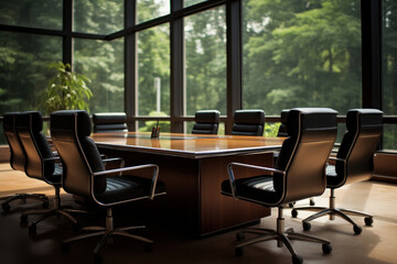 A clean and professional composition of an empty meeting room captured in fine art style emphasizing office equipment chairs and a large table with soft natural light. AI generative.