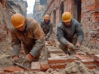 An engineer is laying bricks into a structure at a construction site.