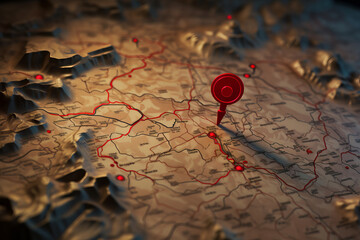 Futuristic map illustration with a navigation pin showcasing the synergy of technology and AI generative design.