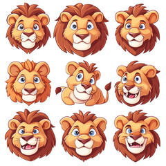 set of cartoon lion heads on a transparent background, Ai Generated Images