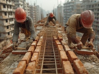 An engineer is laying bricks into a structure at a construction site.