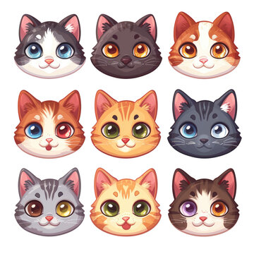 set of cartoon cat heads on a transparent background, Ai Generated Images