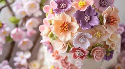 a close up of a wedding cake with flowers on the top of the cake and on the bottom of the cake is a bunch of pink and purple flowers on the top of the cake.