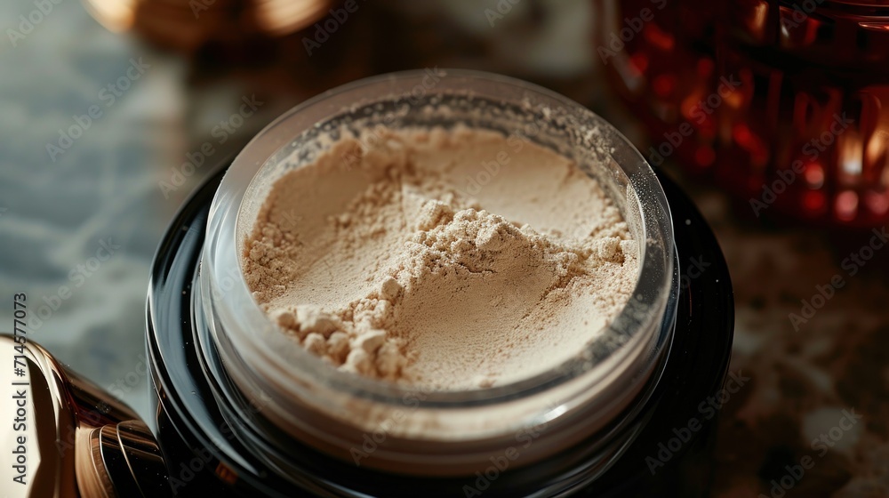 Poster  a close up of a powdered container on a table with a jar of powder on the side of the container and a jar of powder on the other side.