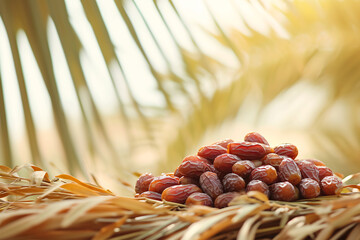 a bunch of fresh dates neatly arranged against a backdrop of date palms and soft sunlight