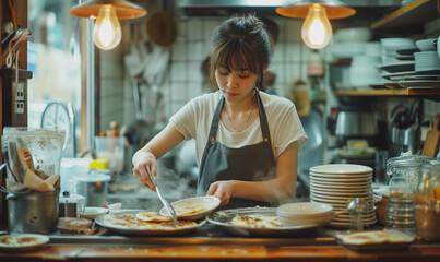 asian woman baking pancakes in the compact kitchen of a coffee shop