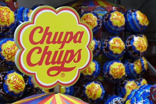 Shanghai,China-Jan.20th 2024: Chupa Chups brand logo and lollipop product