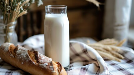  a bottle of milk next to a loaf of bread and a glass of milk on a checkered tablecloth with a vase of flowers and a florist in the background.