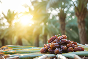a bunch of fresh dates neatly arranged against a backdrop of date palms and soft sunlight