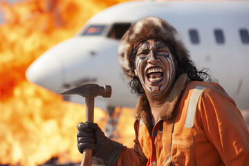 Funny image of DEI ideology in aviation - primitive caveman hired as aircraft maintenance mechanic because of diversity, holding hammer, having accidentally set the plane on fire - obrazy, fototapety, plakaty