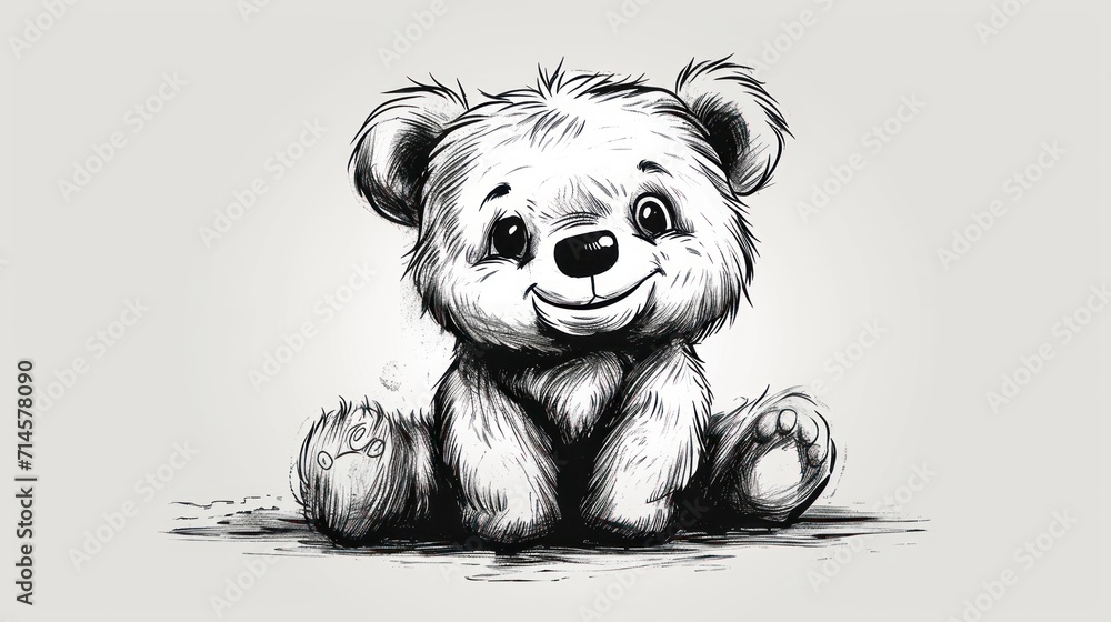 Sticker  a black and white drawing of a teddy bear with a smile on it's face, sitting in the middle of a puddle of water and looking at the camera.