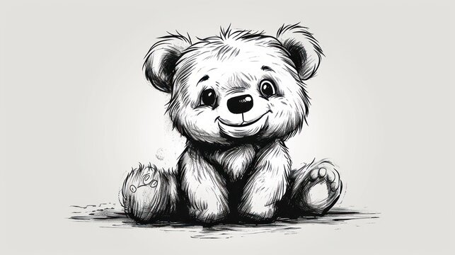  a black and white drawing of a teddy bear with a smile on it's face, sitting in the middle of a puddle of water and looking at the camera.