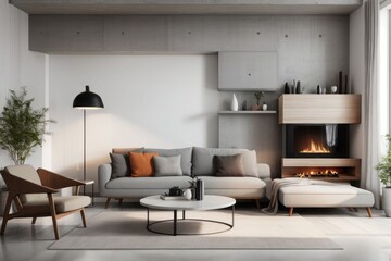 Fototapeta premium Scandinavian interior home design of modern living room with gray corner sofa and shelf wall with fireplace on concrete wall with copy space