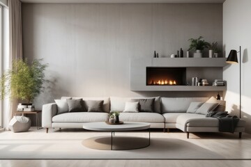 Scandinavian interior home design of modern living room with gray corner sofa and shelf wall with fireplace on concrete wall with copy space