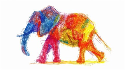 Obraz premium a drawing of a multicolored elephant on a white background with a red, yellow, blue, green, and orange elephant on it's left side.