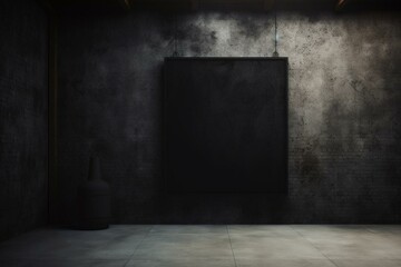 An unadorned black poster rests against a dark wall. Generative AI