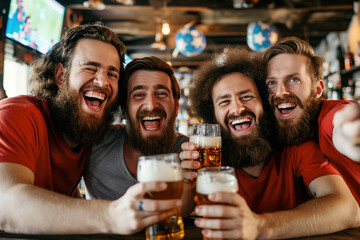 Four fans wearing in red shirts with beer glassesat a bar looking happy at soccer games - obrazy, fototapety, plakaty
