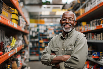 smiling and laughingafrican middle aged man in a hardware warehouse standing selects a repair tool - obrazy, fototapety, plakaty