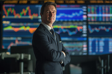 Portrait professional middle aged businessman in suit in stock market screens, big stock exchange