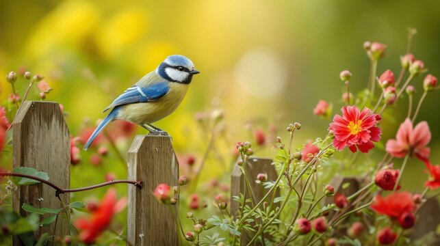  a blue bird perched on top of a wooden fence next to a field of red flowers and a wooden fence with a yellow and red flower in the foreground.