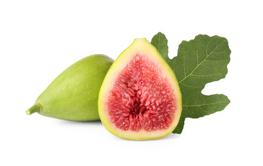 Cut and whole green figs with leaf isolated on white