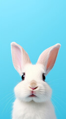 Fototapeta premium Close-up of a cute white rabbit with soft fur against a bright blue backdrop.